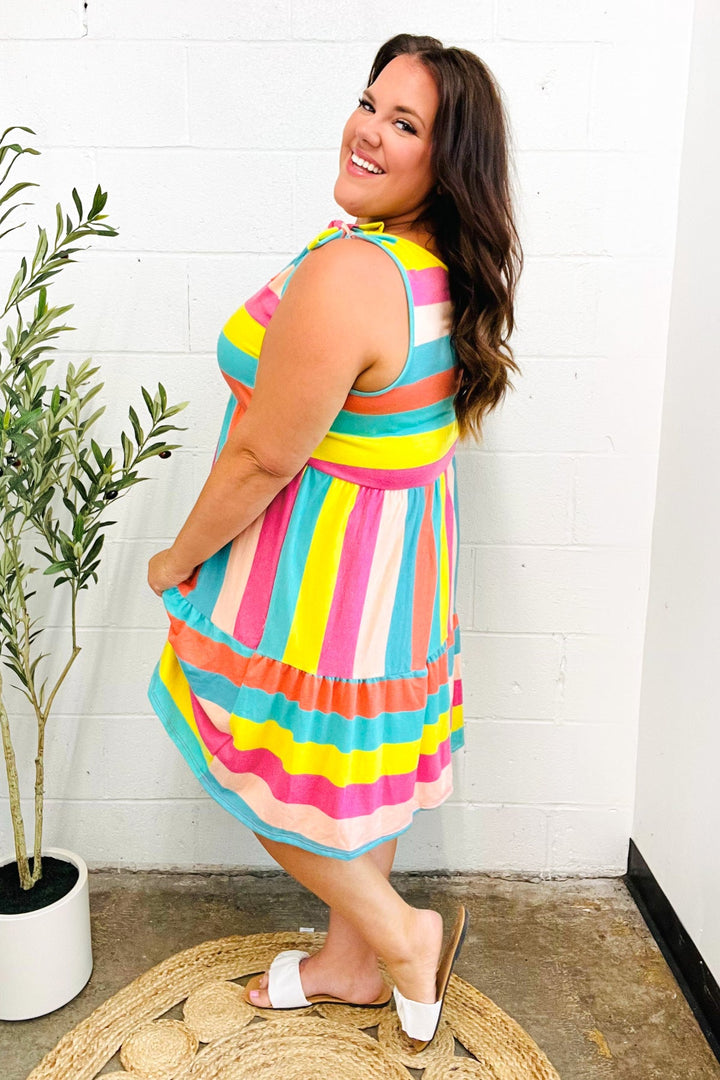 Start The Day Rainbow Stripe Shoulder Tie Tiered Dress | Nikki &amp; Co. Boutique