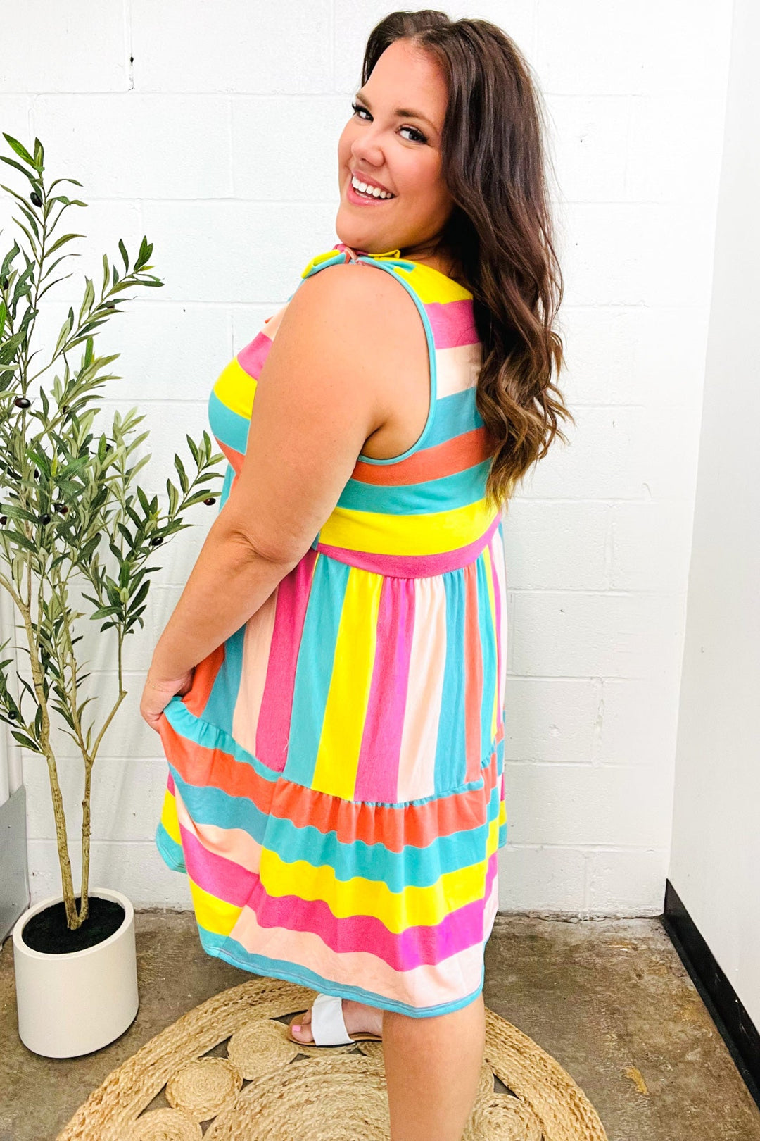 Start The Day Rainbow Stripe Shoulder Tie Tiered Dress | Nikki &amp; Co. Boutique