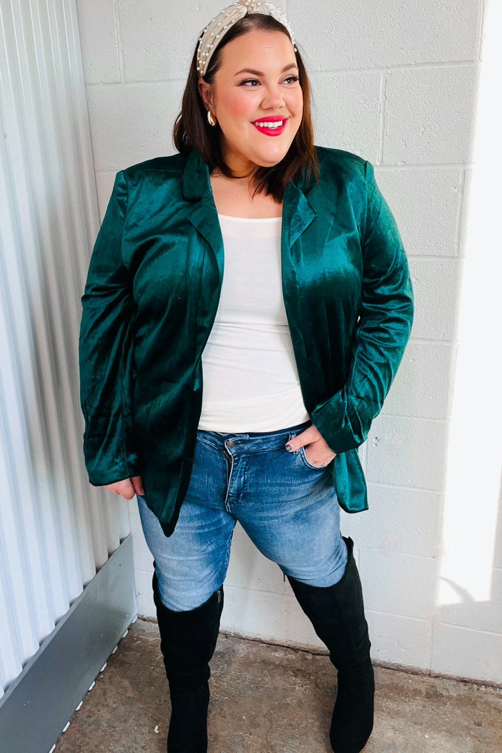 Dazzling Hunter Green Velvet Lapel Blazer | Nikki &amp; Co. Boutique