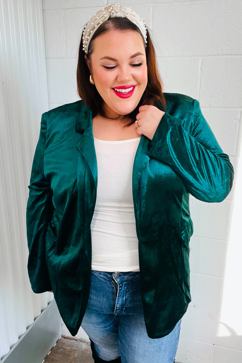 Dazzling Hunter Green Velvet Lapel Blazer | Nikki &amp; Co. Boutique