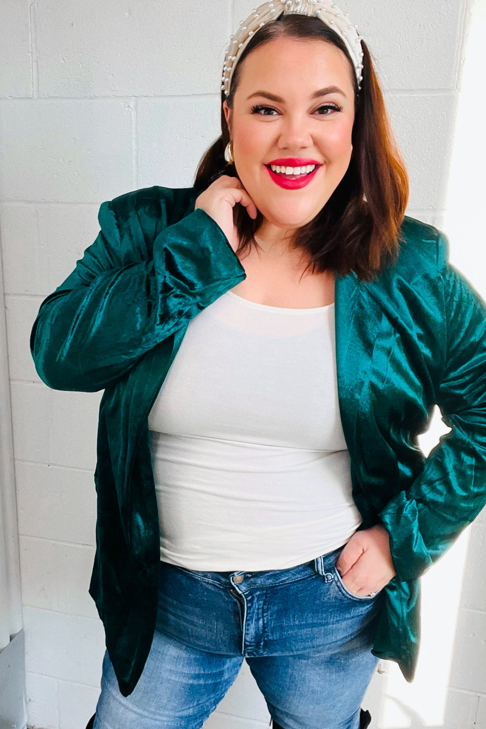 Dazzling Hunter Green Velvet Lapel Blazer | Nikki &amp; Co. Boutique