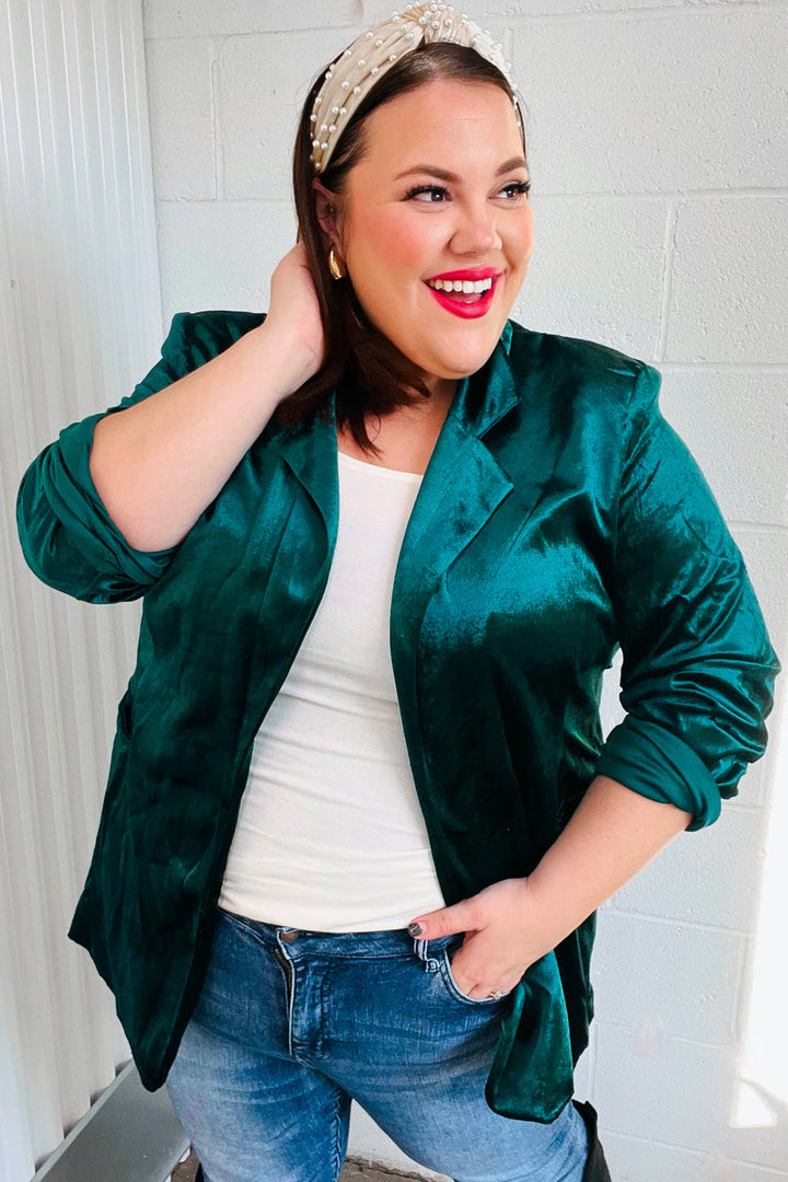 Dazzling Hunter Green Velvet Lapel Blazer | Nikki &amp; Co. Boutique