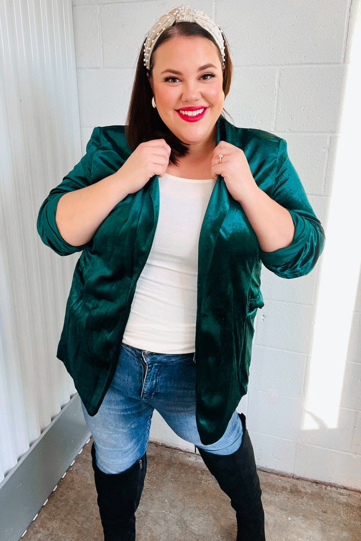 Dazzling Hunter Green Velvet Lapel Blazer | Nikki &amp; Co. Boutique