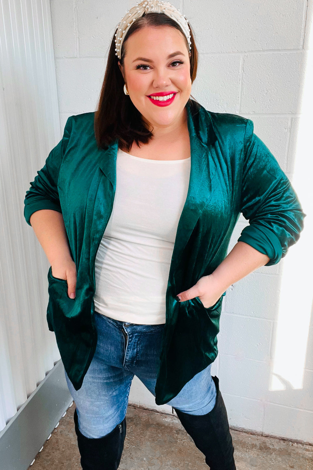 Dazzling Hunter Green Velvet Lapel Blazer | Nikki &amp; Co. Boutique