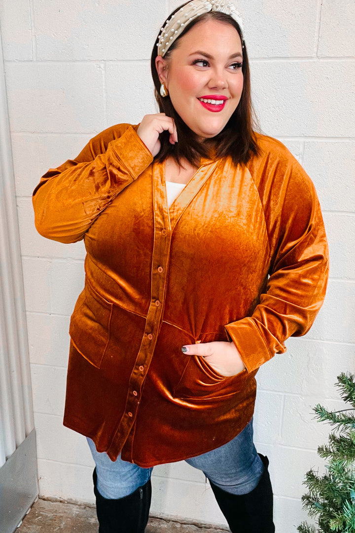 Dazzling Rust Velvet Button Down Tunic Top | Nikki &amp; Co. Boutique
