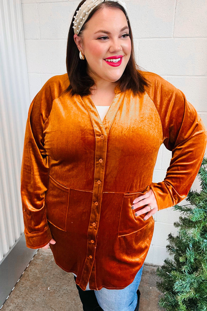 Dazzling Rust Velvet Button Down Tunic Top | Nikki &amp; Co. Boutique