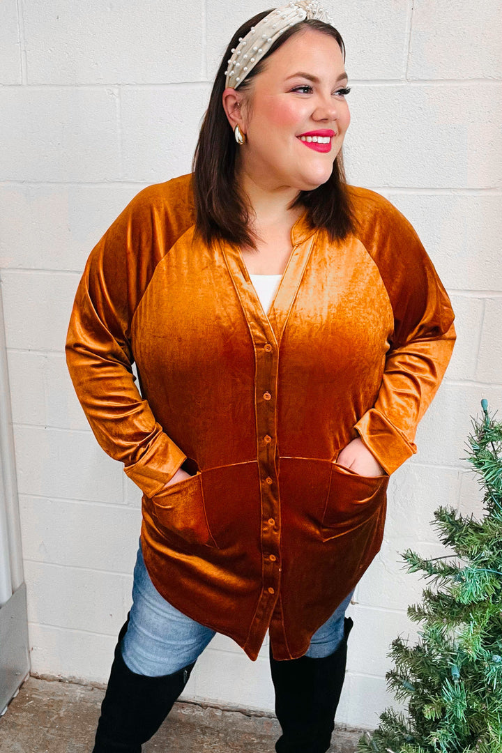 Dazzling Rust Velvet Button Down Tunic Top | Nikki &amp; Co. Boutique