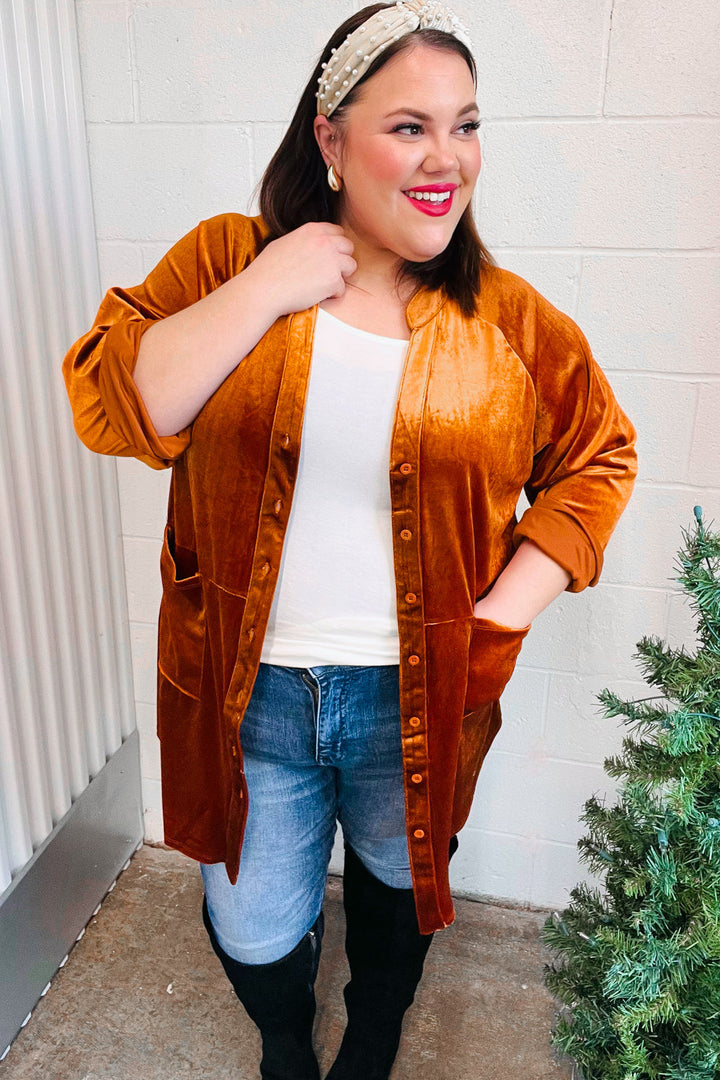 Dazzling Rust Velvet Button Down Tunic Top | Nikki &amp; Co. Boutique