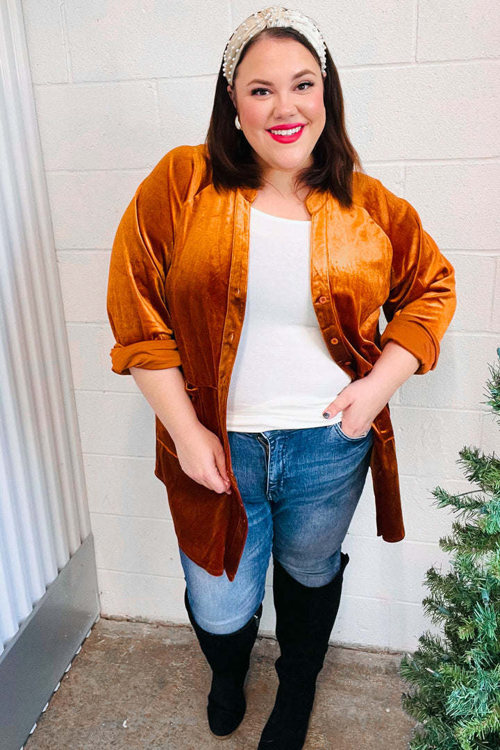 Dazzling Rust Velvet Button Down Tunic Top | Nikki &amp; Co. Boutique