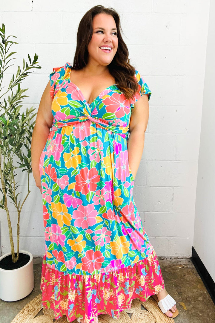Vacay Vibes Blue Floral Print Sweetheart Twisted Neckline Maxi Dress | Nikki &amp; Co. Boutique