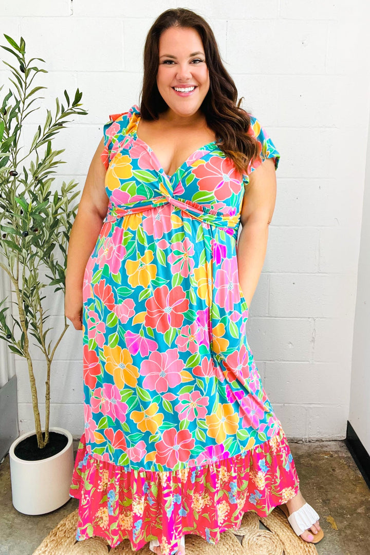Vacay Vibes Blue Floral Print Sweetheart Twisted Neckline Maxi Dress | Nikki &amp; Co. Boutique