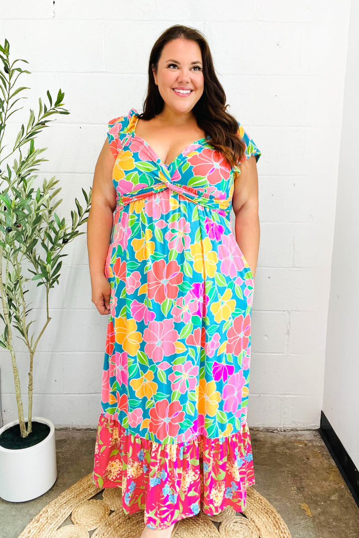 Vacay Vibes Blue Floral Print Sweetheart Twisted Neckline Maxi Dress | Nikki &amp; Co. Boutique
