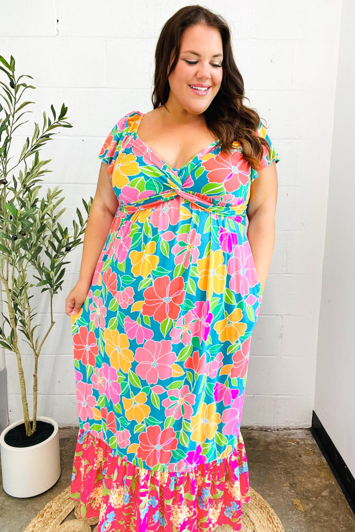 Vacay Vibes Blue Floral Print Sweetheart Twisted Neckline Maxi Dress | Nikki &amp; Co. Boutique