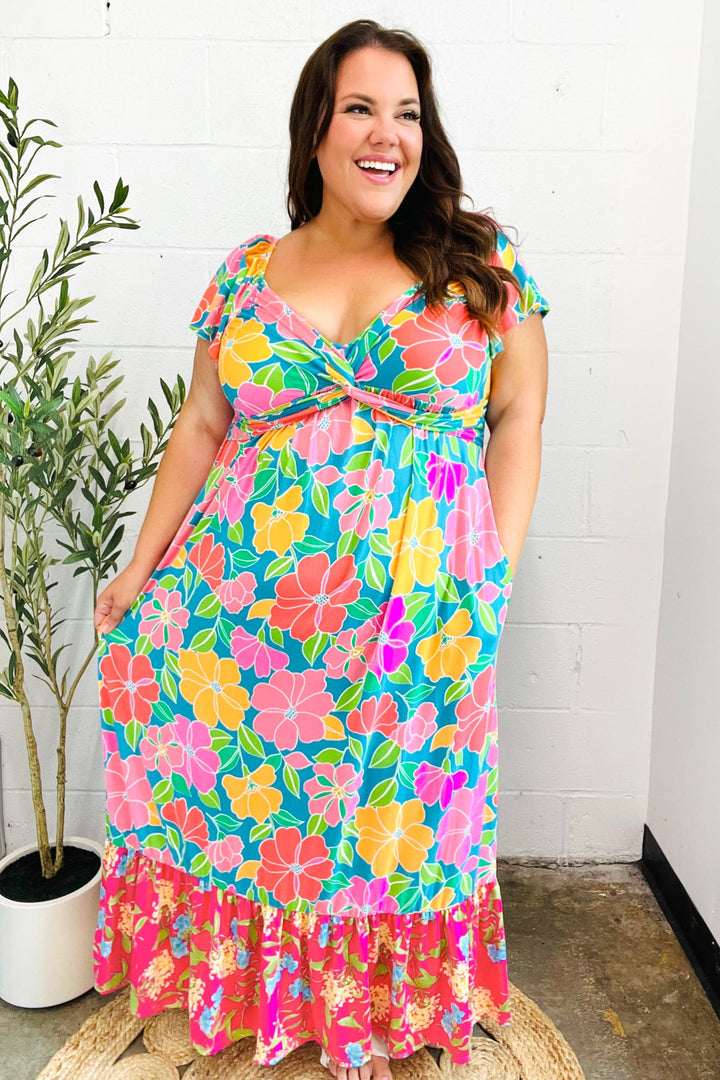 Vacay Vibes Blue Floral Print Sweetheart Twisted Neckline Maxi Dress | Nikki &amp; Co. Boutique