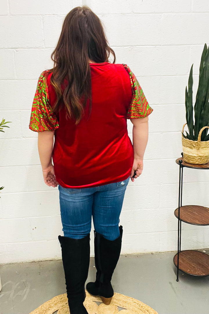 Warmest Wishes Red &amp; Green Sequin Puff Sleeve Velvet Top