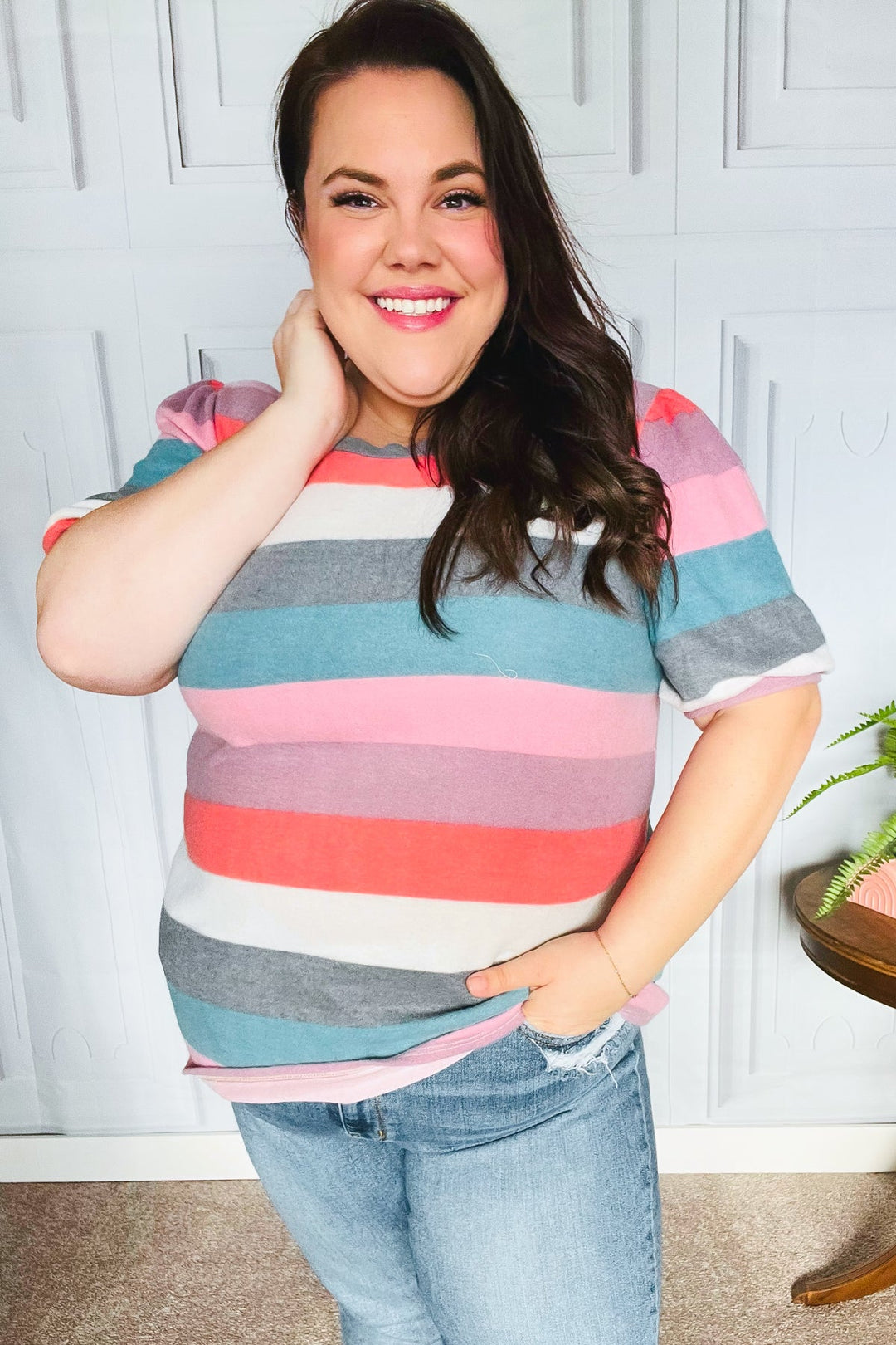 Look Out Teal &amp; Rose Striped Hacci Knit Puff Sleeve Top | Nikki &amp; Co. Boutique