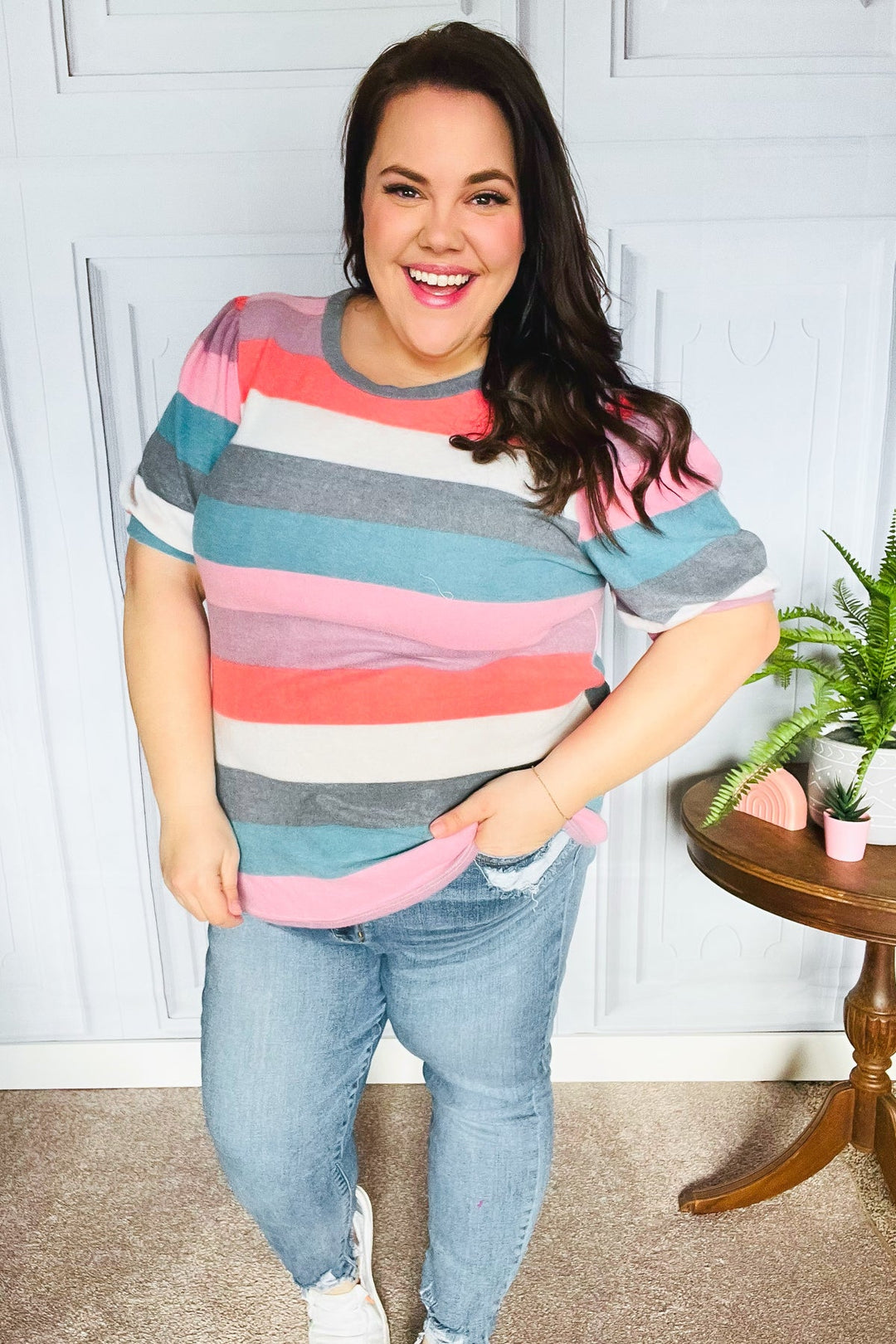 Look Out Teal &amp; Rose Striped Hacci Knit Puff Sleeve Top | Nikki &amp; Co. Boutique