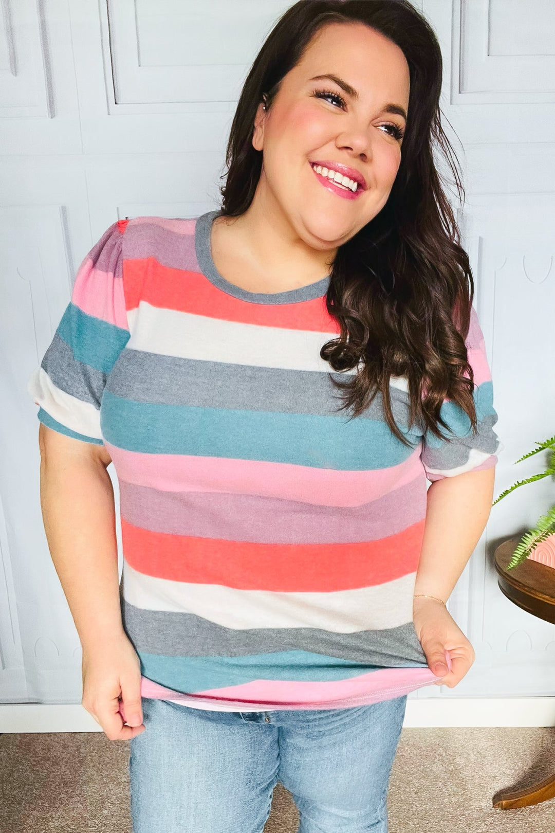 Look Out Teal &amp; Rose Striped Hacci Knit Puff Sleeve Top | Nikki &amp; Co. Boutique