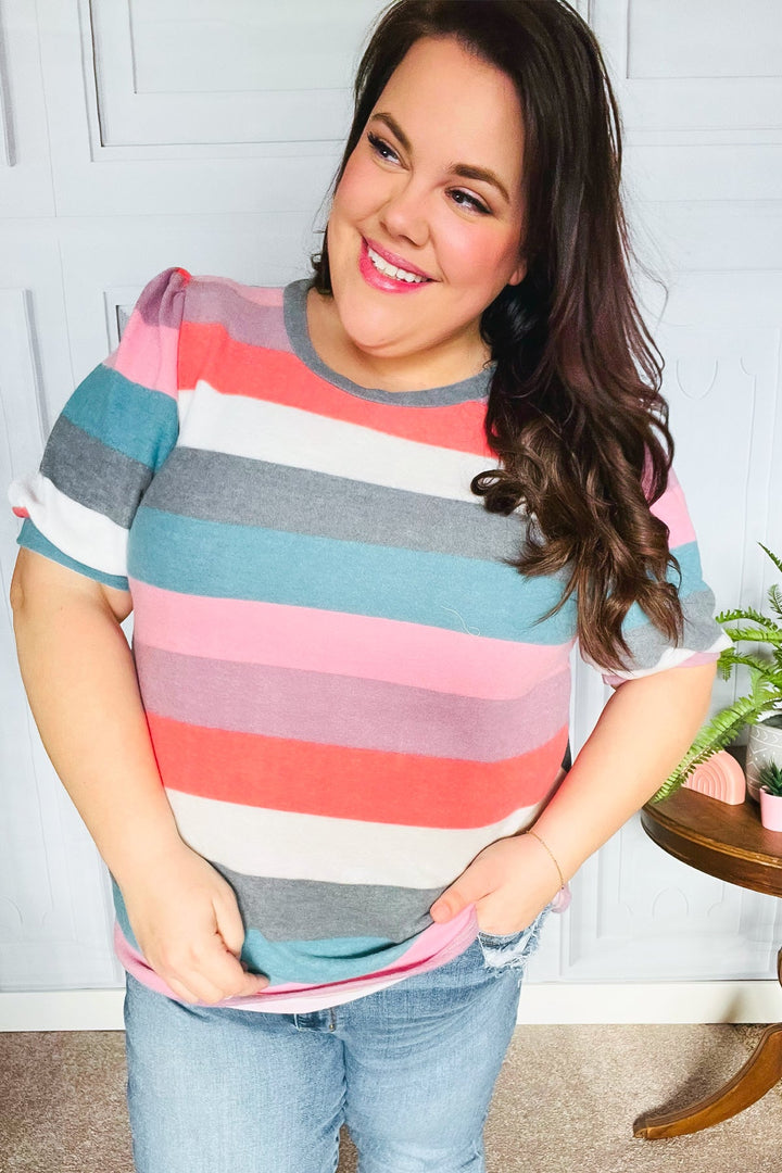 Look Out Teal &amp; Rose Striped Hacci Knit Puff Sleeve Top | Nikki &amp; Co. Boutique