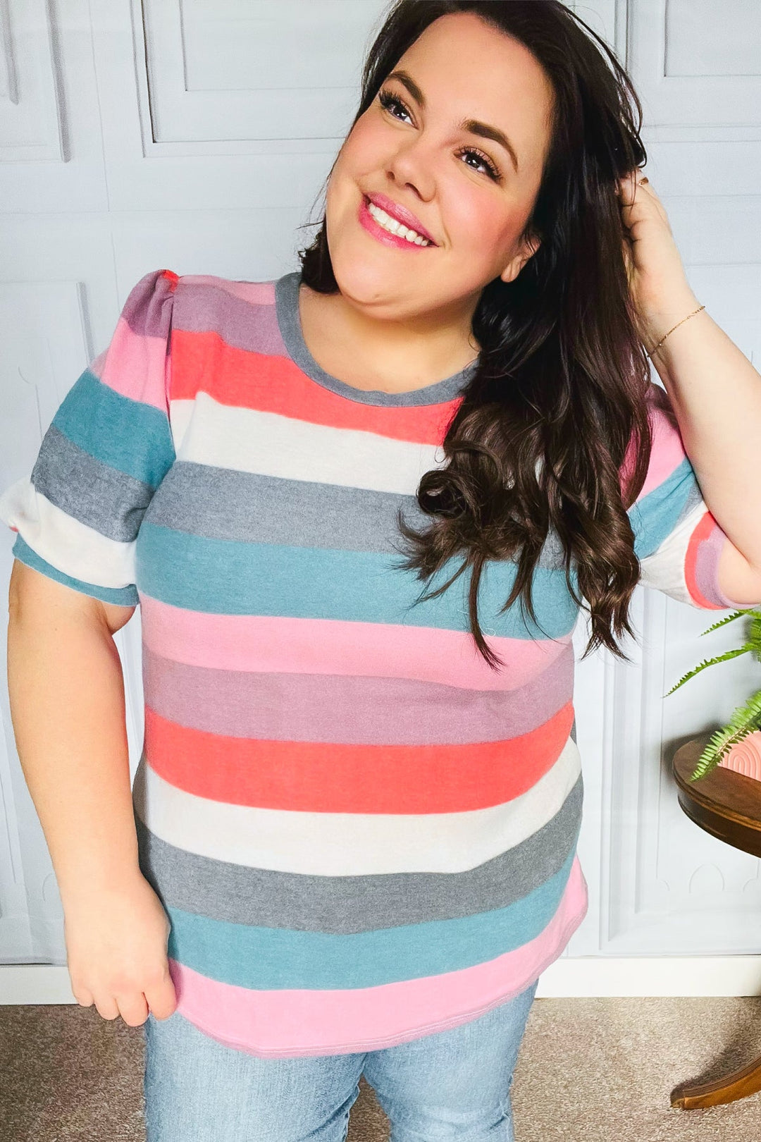 Look Out Teal &amp; Rose Striped Hacci Knit Puff Sleeve Top | Nikki &amp; Co. Boutique