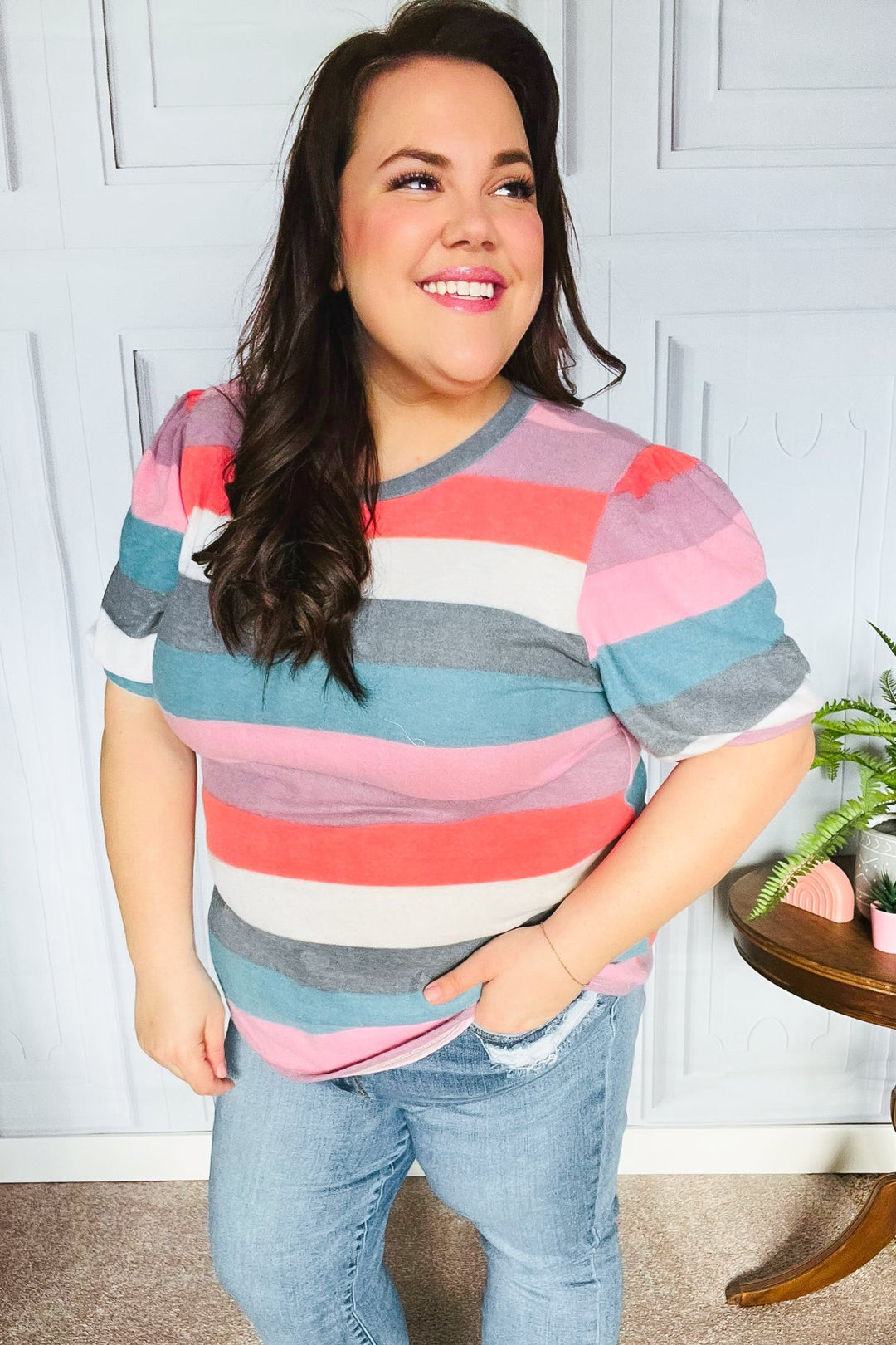 Look Out Teal &amp; Rose Striped Hacci Knit Puff Sleeve Top | Nikki &amp; Co. Boutique