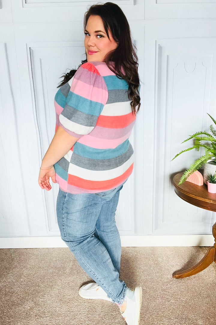 Look Out Teal &amp; Rose Striped Hacci Knit Puff Sleeve Top | Nikki &amp; Co. Boutique