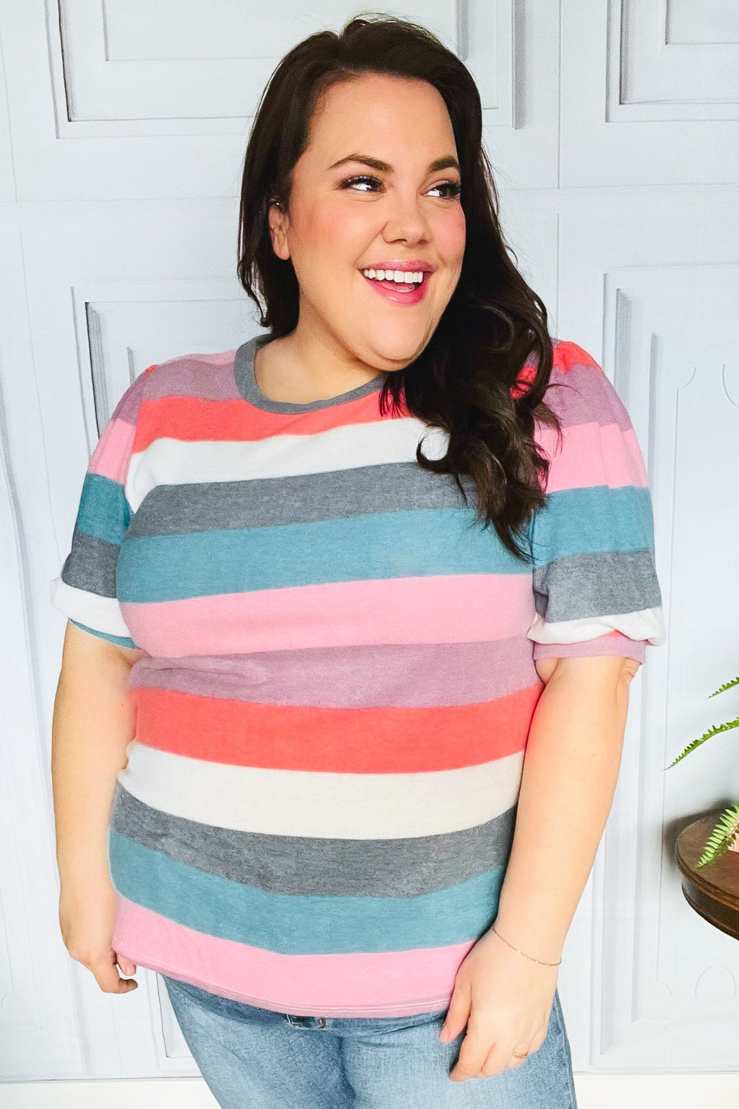 Look Out Teal &amp; Rose Striped Hacci Knit Puff Sleeve Top | Nikki &amp; Co. Boutique