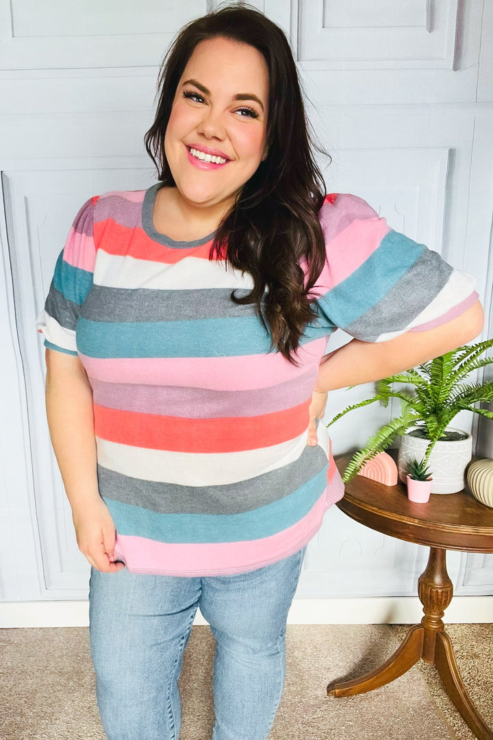 Look Out Teal &amp; Rose Striped Hacci Knit Puff Sleeve Top | Nikki &amp; Co. Boutique