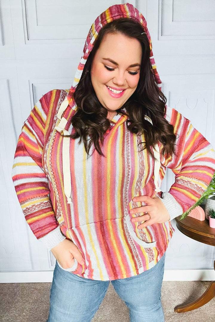 Be Bold Coral &amp; Sienna Stripe Pullover Notched Neck Hoodie | Nikki &amp; Co. Boutique