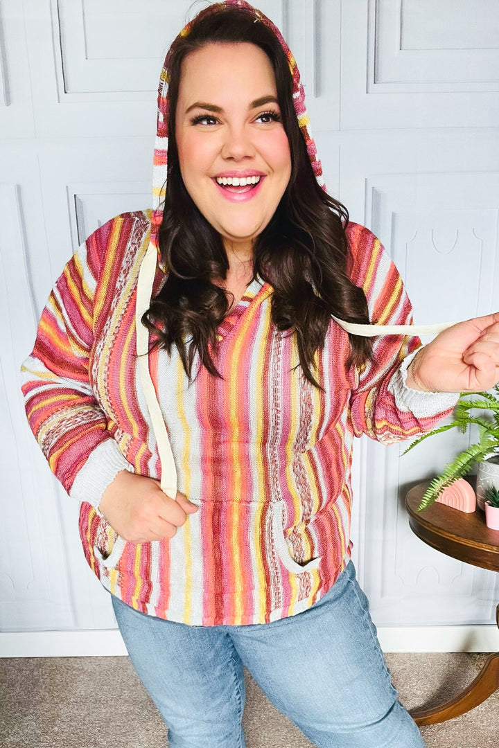 Be Bold Coral &amp; Sienna Stripe Pullover Notched Neck Hoodie | Nikki &amp; Co. Boutique