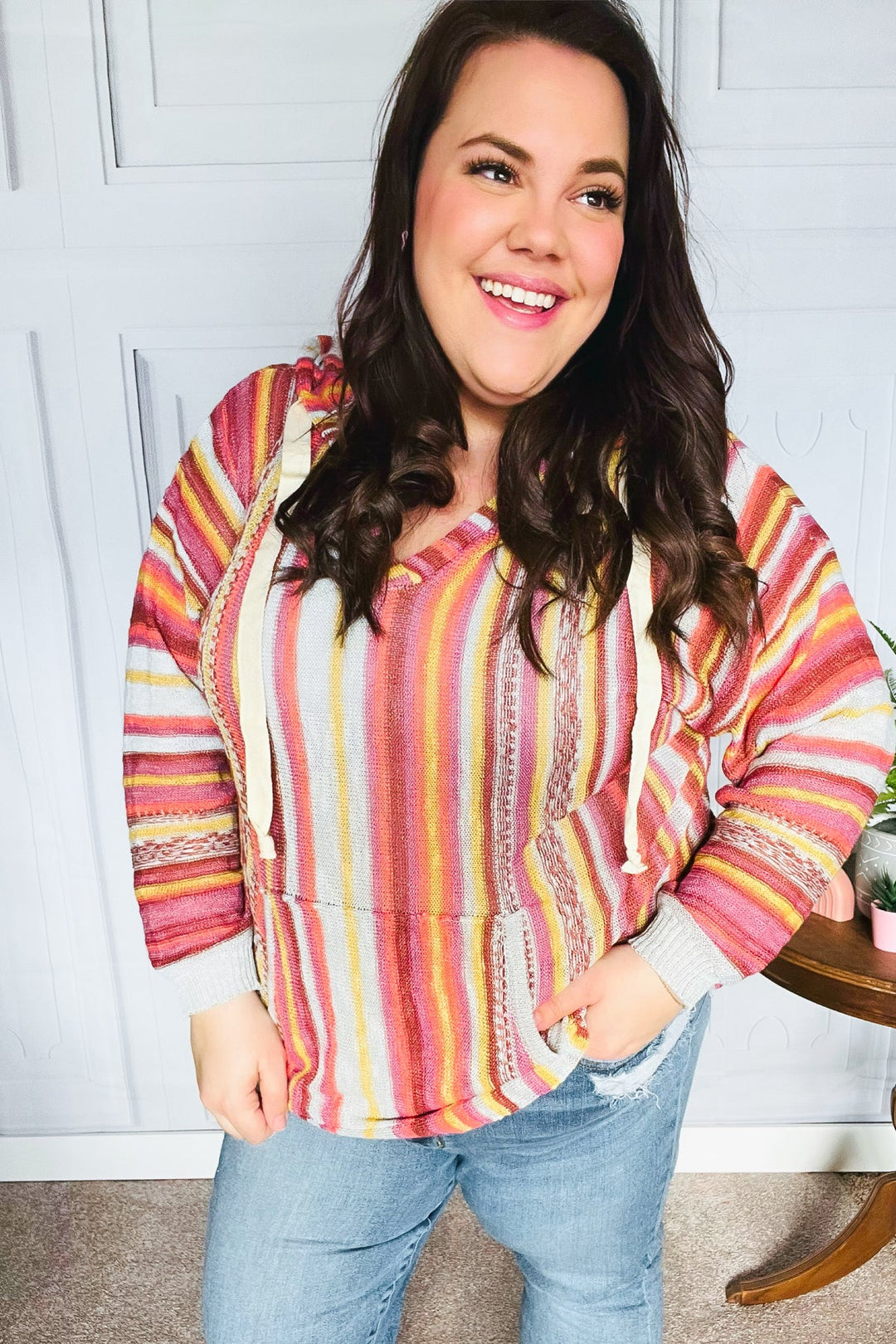 Be Bold Coral &amp; Sienna Stripe Pullover Notched Neck Hoodie | Nikki &amp; Co. Boutique