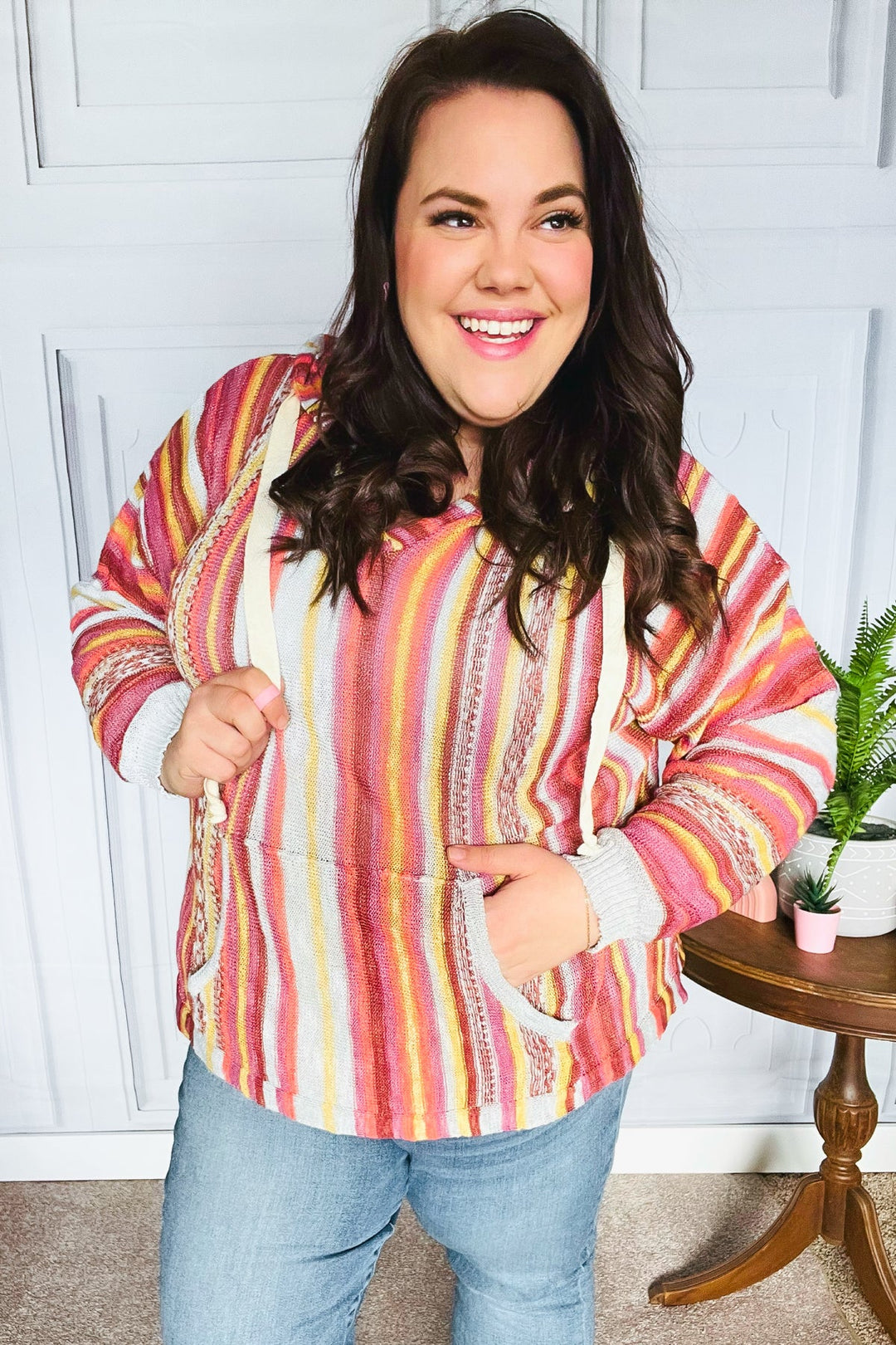 Be Bold Coral &amp; Sienna Stripe Pullover Notched Neck Hoodie | Nikki &amp; Co. Boutique