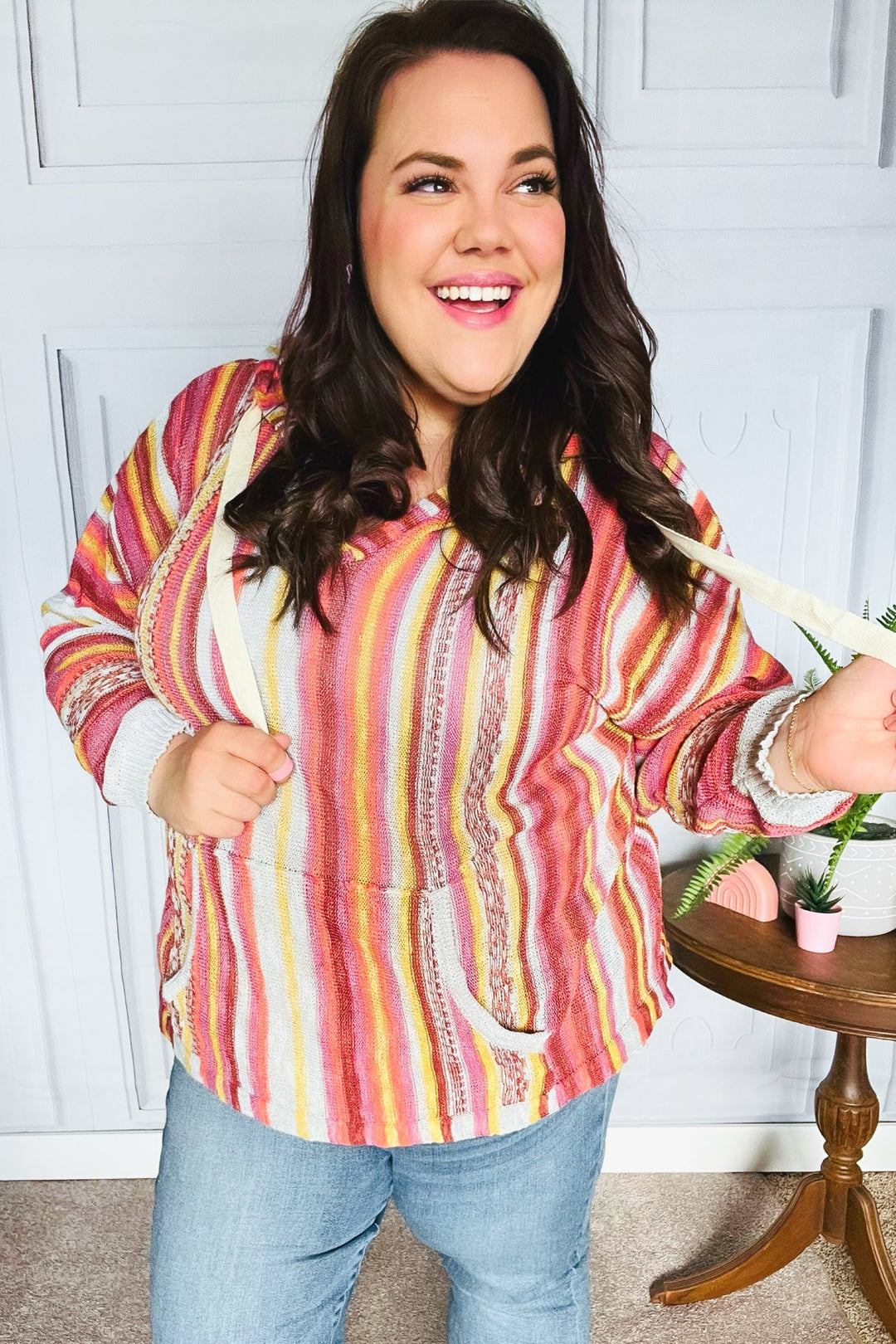 Be Bold Coral &amp; Sienna Stripe Pullover Notched Neck Hoodie | Nikki &amp; Co. Boutique