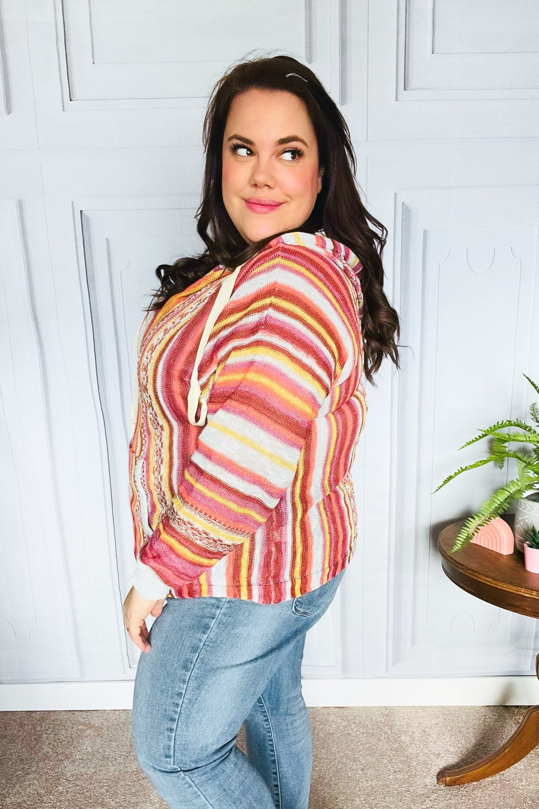 Be Bold Coral &amp; Sienna Stripe Pullover Notched Neck Hoodie | Nikki &amp; Co. Boutique