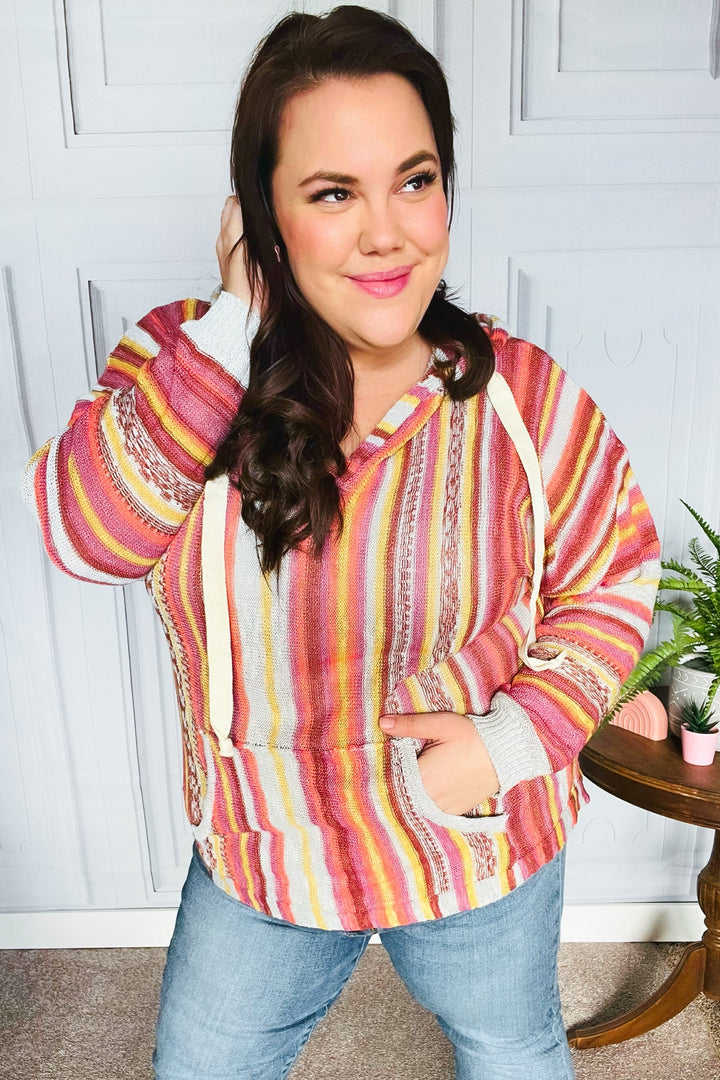 Be Bold Coral &amp; Sienna Stripe Pullover Notched Neck Hoodie | Nikki &amp; Co. Boutique