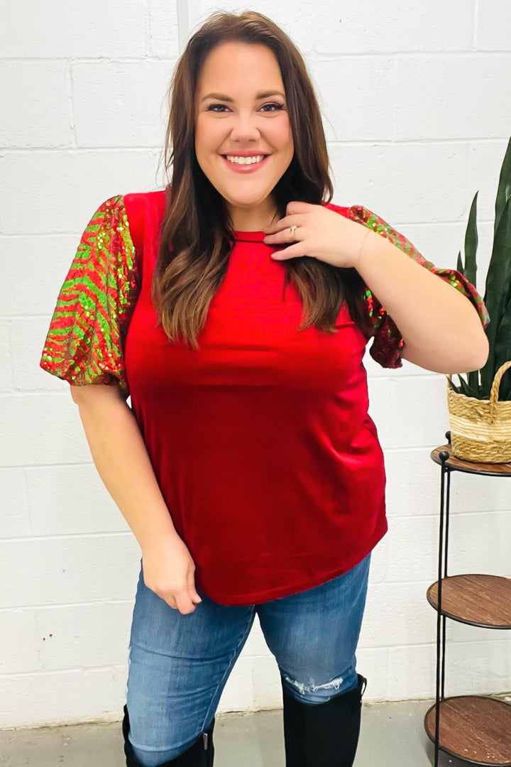 Warmest Wishes Red &amp; Green Sequin Puff Sleeve Velvet Top