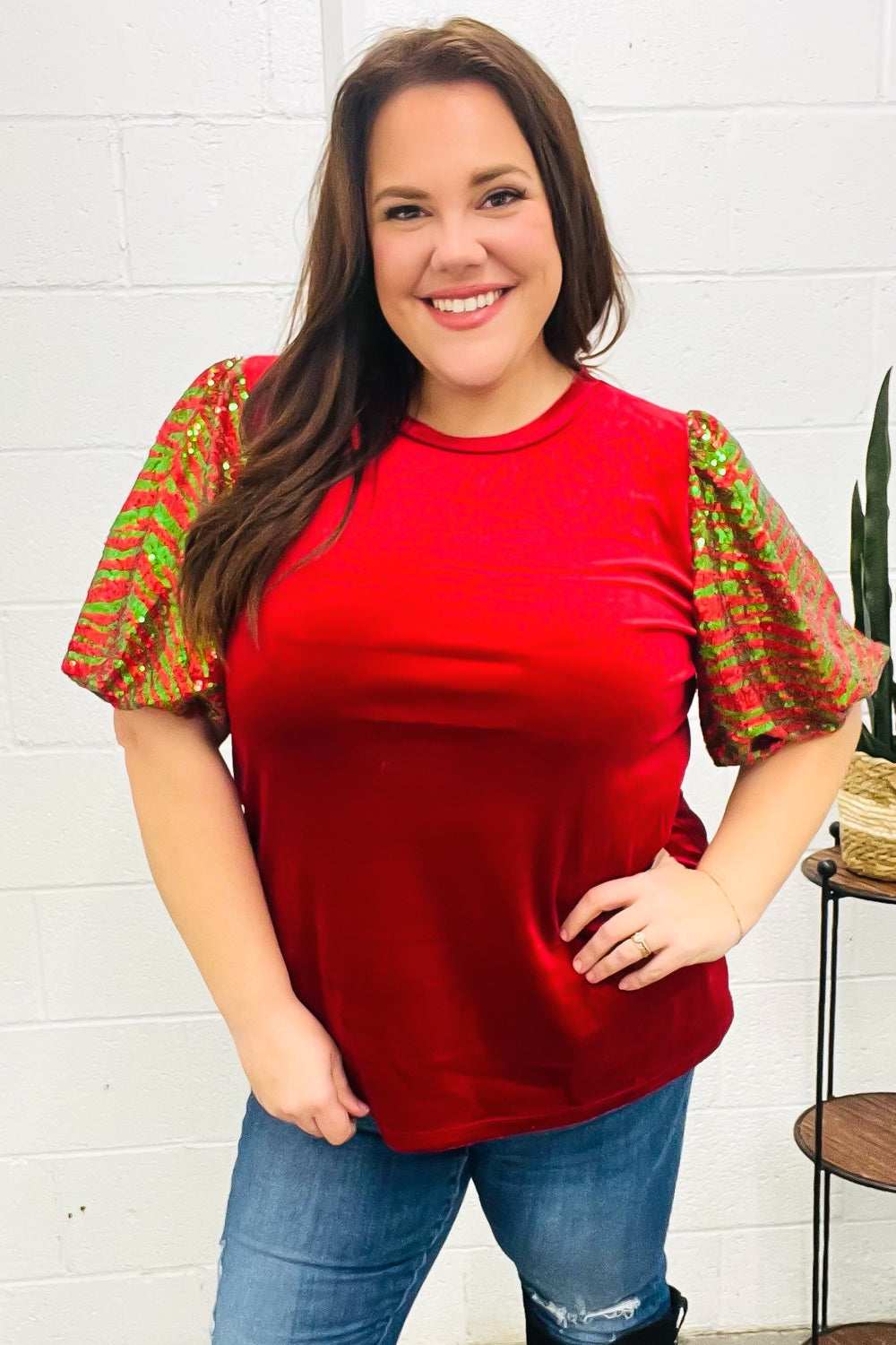 Warmest Wishes Red &amp; Green Sequin Puff Sleeve Velvet Top