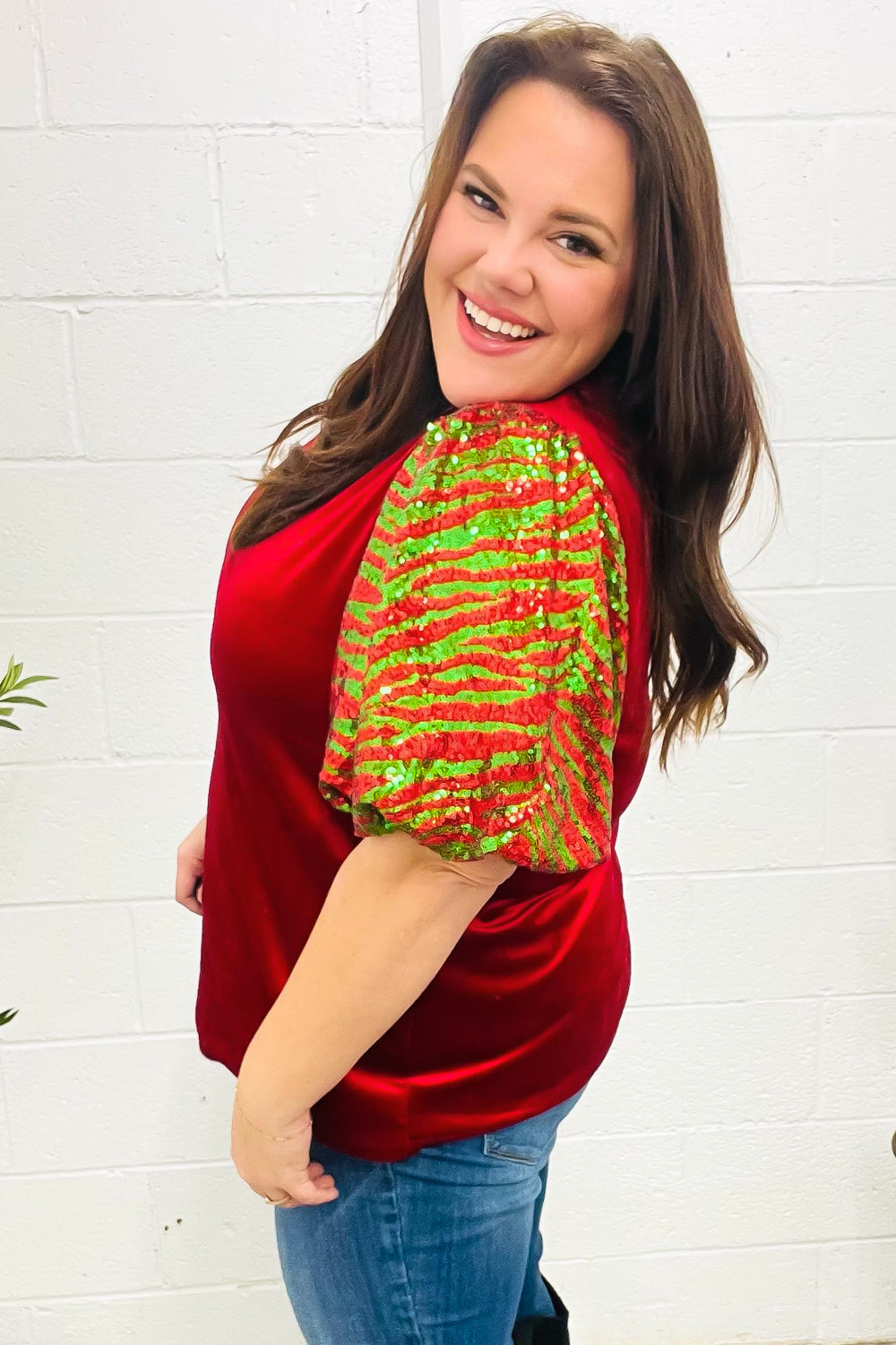 Warmest Wishes Red &amp; Green Sequin Puff Sleeve Velvet Top
