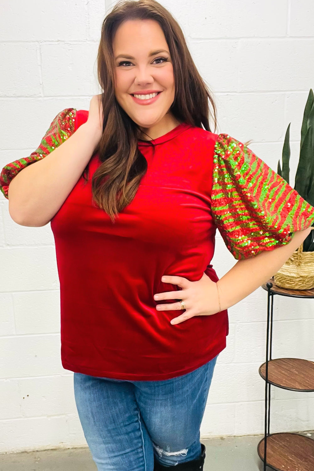 Warmest Wishes Red &amp; Green Sequin Puff Sleeve Velvet Top