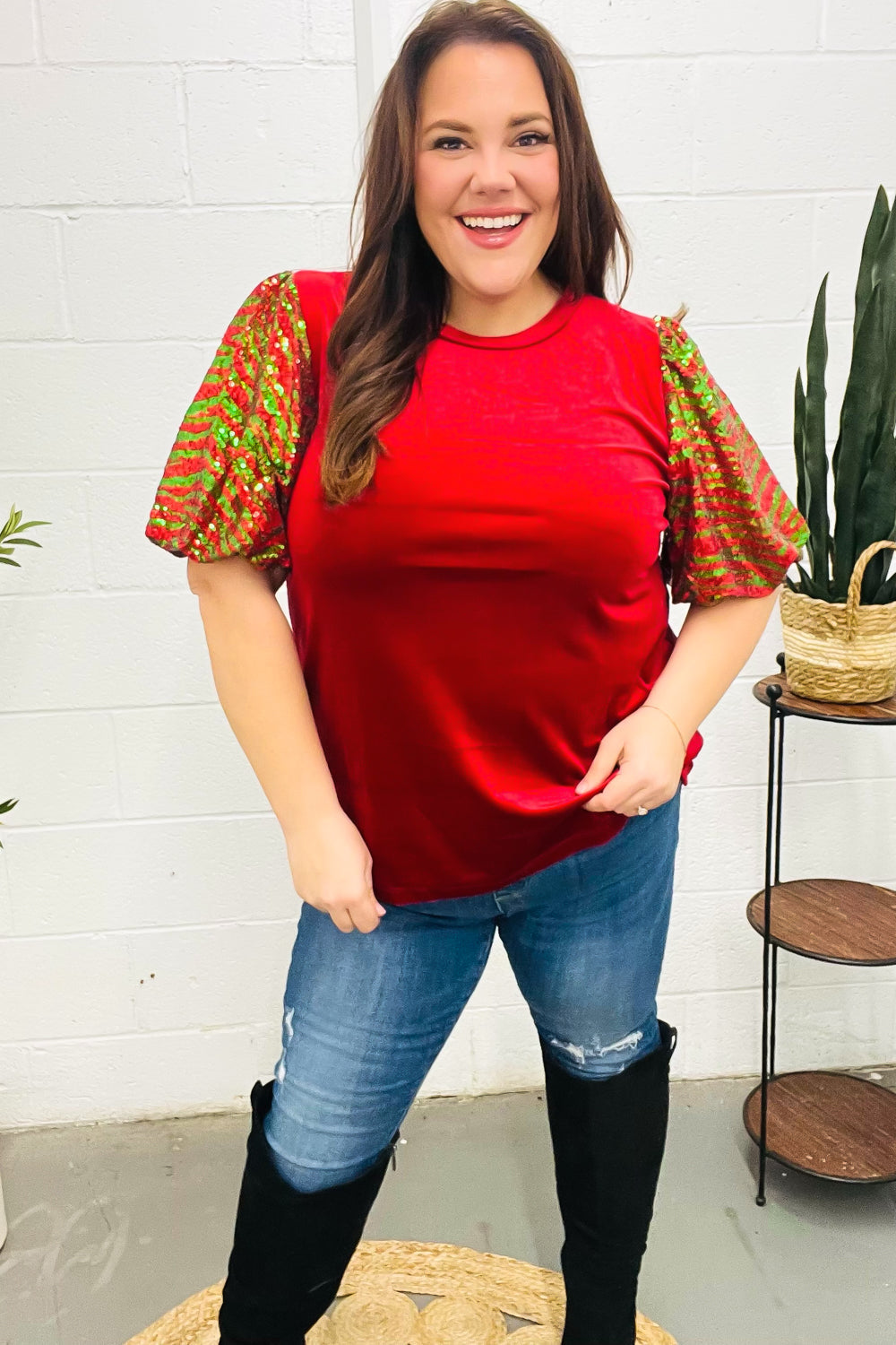 Warmest Wishes Red &amp; Green Sequin Puff Sleeve Velvet Top