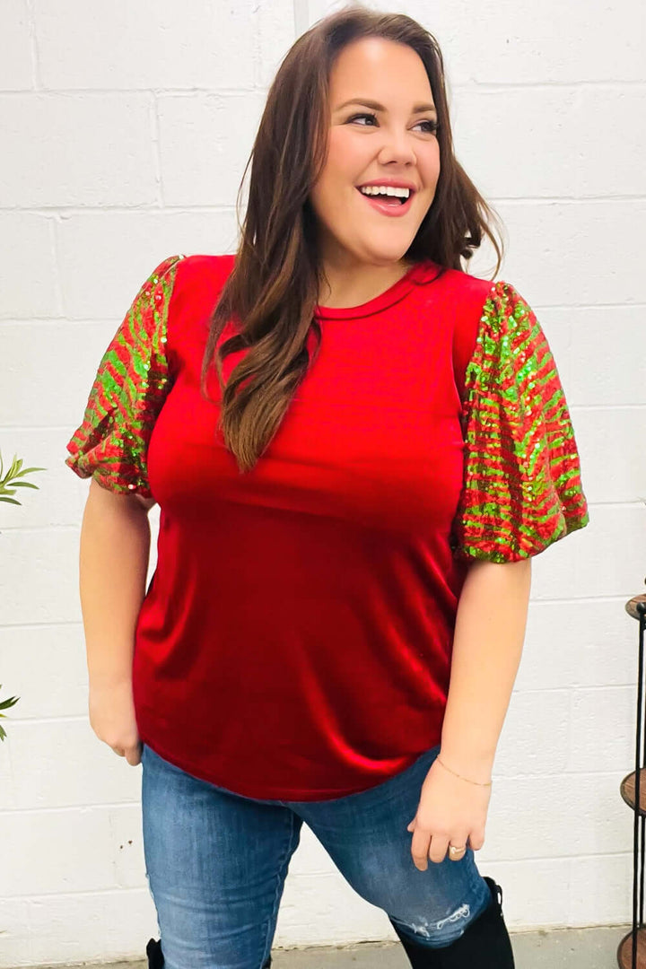 Warmest Wishes Red &amp; Green Sequin Puff Sleeve Velvet Top