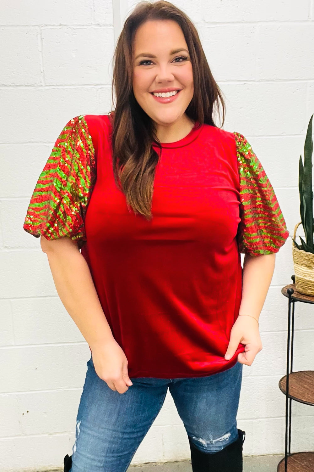 Warmest Wishes Red &amp; Green Sequin Puff Sleeve Velvet Top