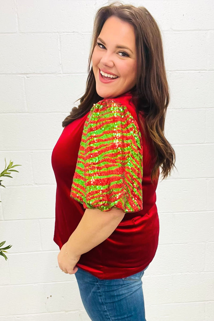 Warmest Wishes Red &amp; Green Sequin Puff Sleeve Velvet Top