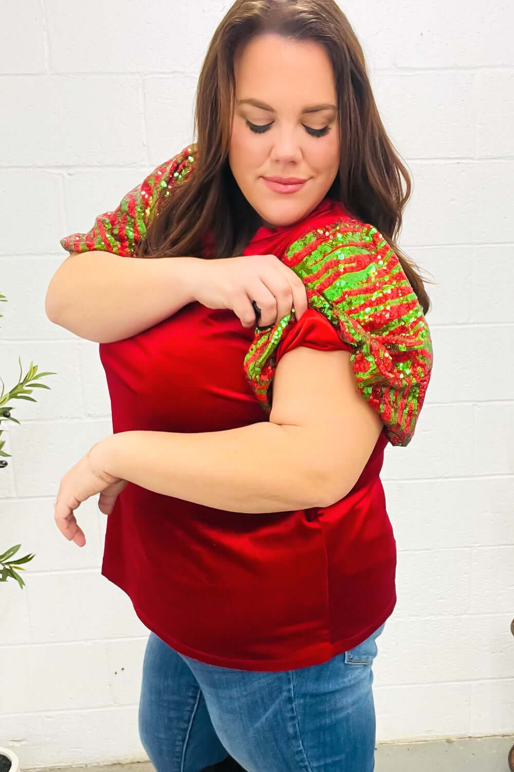 Warmest Wishes Red &amp; Green Sequin Puff Sleeve Velvet Tops | Nikki &amp; Co. Boutique