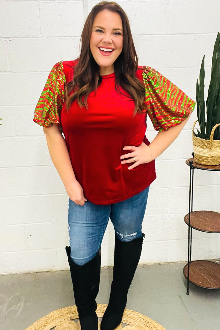 Warmest Wishes Red &amp; Green Sequin Puff Sleeve Velvet Top