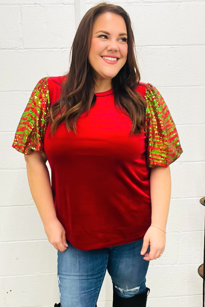Warmest Wishes Red &amp; Green Sequin Puff Sleeve Velvet Top