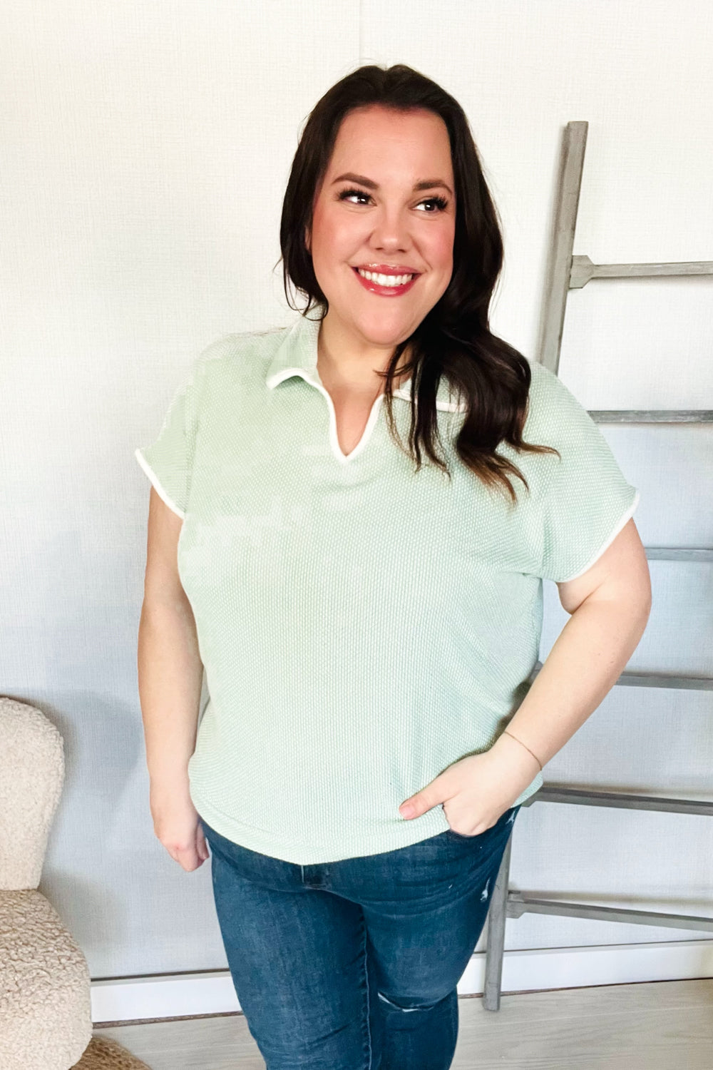 Weekend Ready Sage Collar Notch Neck Waffle Knit Tops | Nikki &amp; Co. Boutique