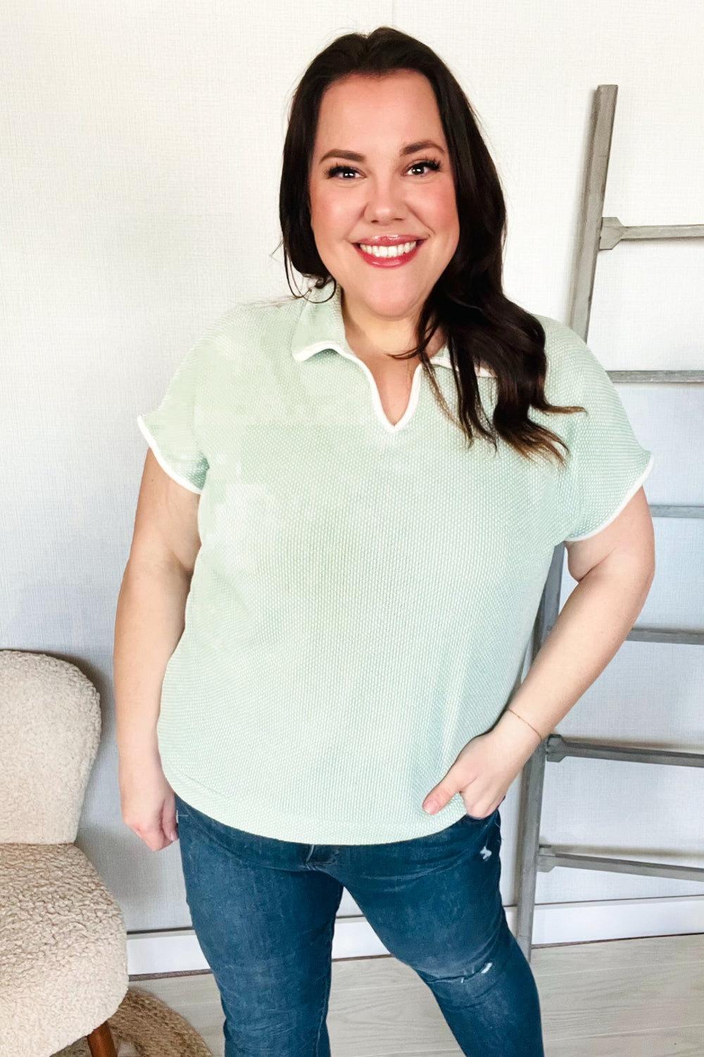 Weekend Ready Sage Collar Notch Neck Waffle Knit Tops | Nikki &amp; Co. Boutique