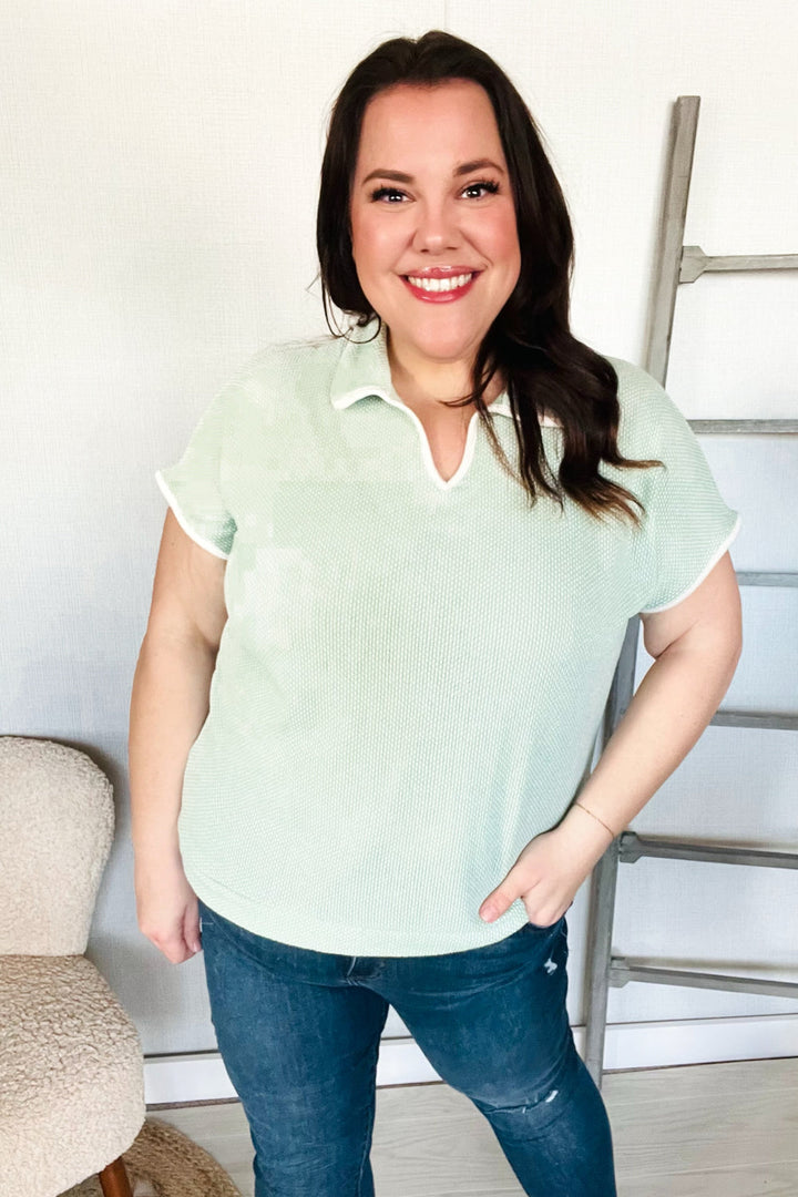 Weekend Ready Sage Collar Notch Neck Waffle Knit Tops | Nikki &amp; Co. Boutique