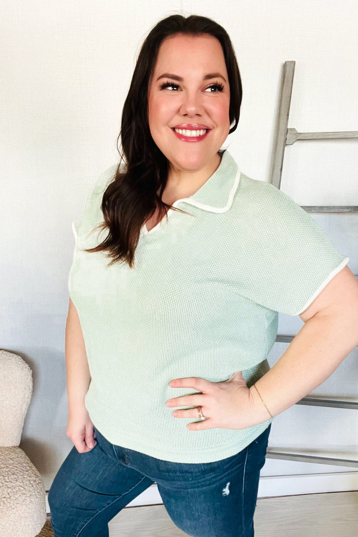 Weekend Ready Sage Collar Notch Neck Waffle Knit Tops | Nikki &amp; Co. Boutique